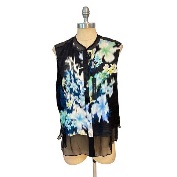 Elie Tahari Womens Eve Blouse NWT Large Black Floral Sheer Layered Sleeveless - Picture 1 of 5